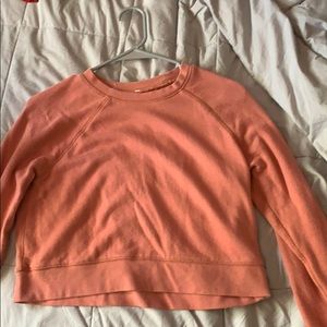 a long sleeve, salmon colored crop top